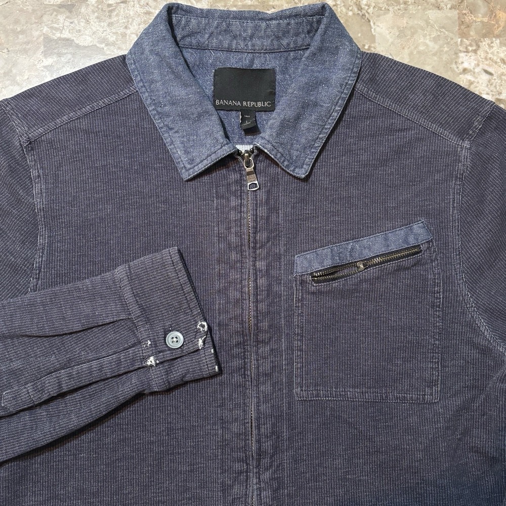 Banana Republic Sweater Jacket Mens L Tall LT Full Zip Mechanic Chambray Trim